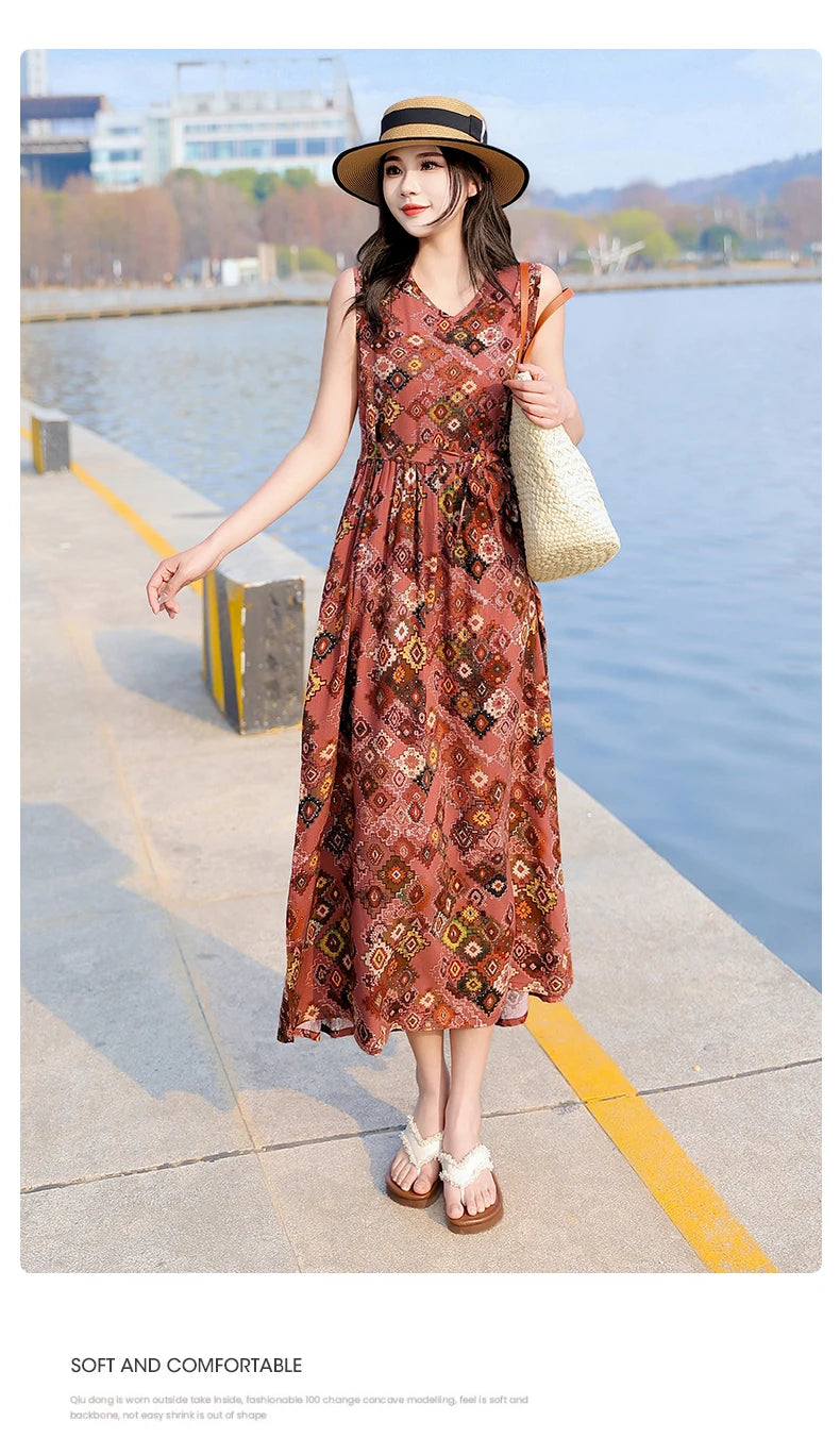 Spring Summer Dresses Fashion Female Sleeveless printed Casual Dress Women A-line Dresses Vestidos