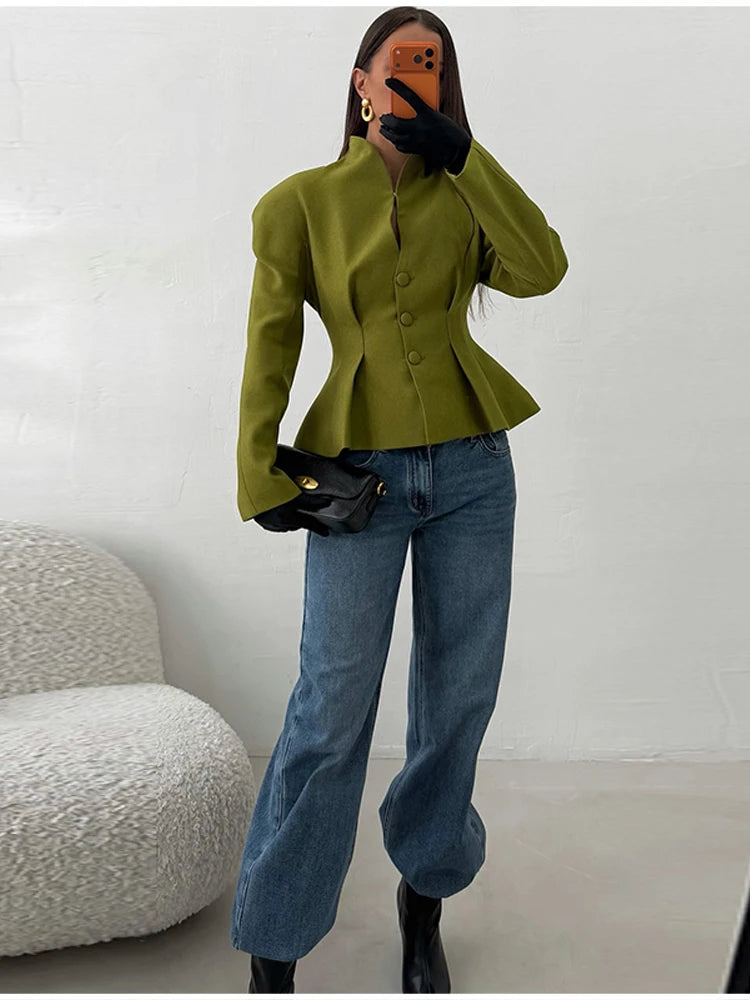 Elegant Pleated Waist Cinched Women's Jacket  Chic V Neck Single Breasted Lace Up Coat 2026 Lady Casual Slim Commute Outerwear