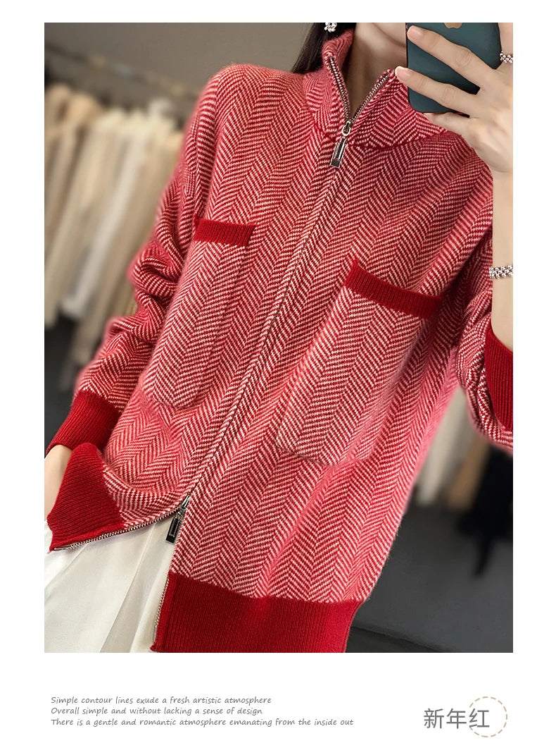 100% Merino Wool Women Sweater Casual Turtleneck Fancy Yard Cardigan Female Knitwear Long Sleeve Cashmere Overcoat Clothing Tops