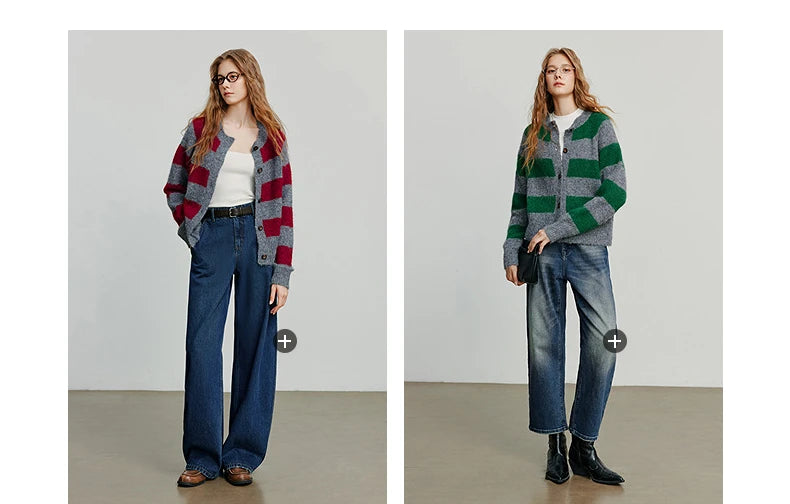 TOYOUTH Women Sweater 2025 Autumn New Color Contrasting Lulu Style Striped Cardigan Tops
