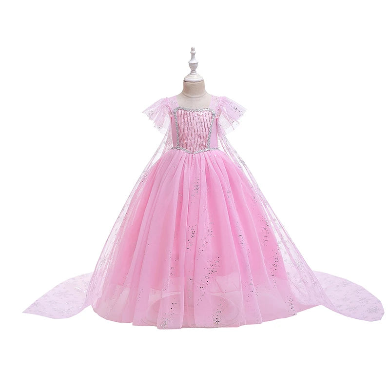 Girls pink sequined mesh princess dress, mesh short sleeves, with cape, suitable for party, dance, performance, carnival dress
