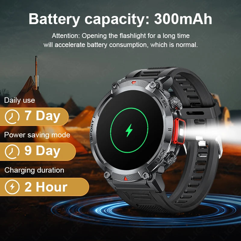 LIGE Military Grade New Outdoor Sports Men Smart Watch AMOLED Full Touch Screen With LED Flashlight Bluetooth calling SmartWatch