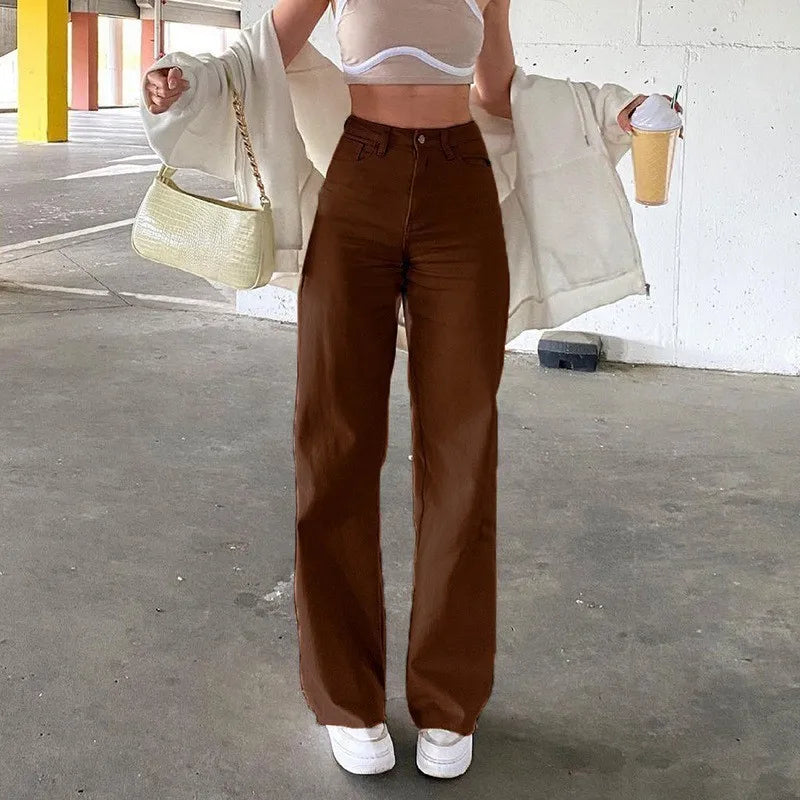 Fashionable Lady's Jeans - Summer High-Waisted Slim-Fitting Comfortable Solid-Color Women's Straight-Leg Long Pants