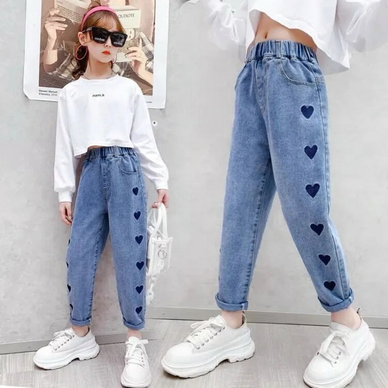 New Teenage Girls Jeans 2026 Spring Autumn Casual Fashion Loose Blue Kids Leg Wide Pants School Children Trousers 3-12Year