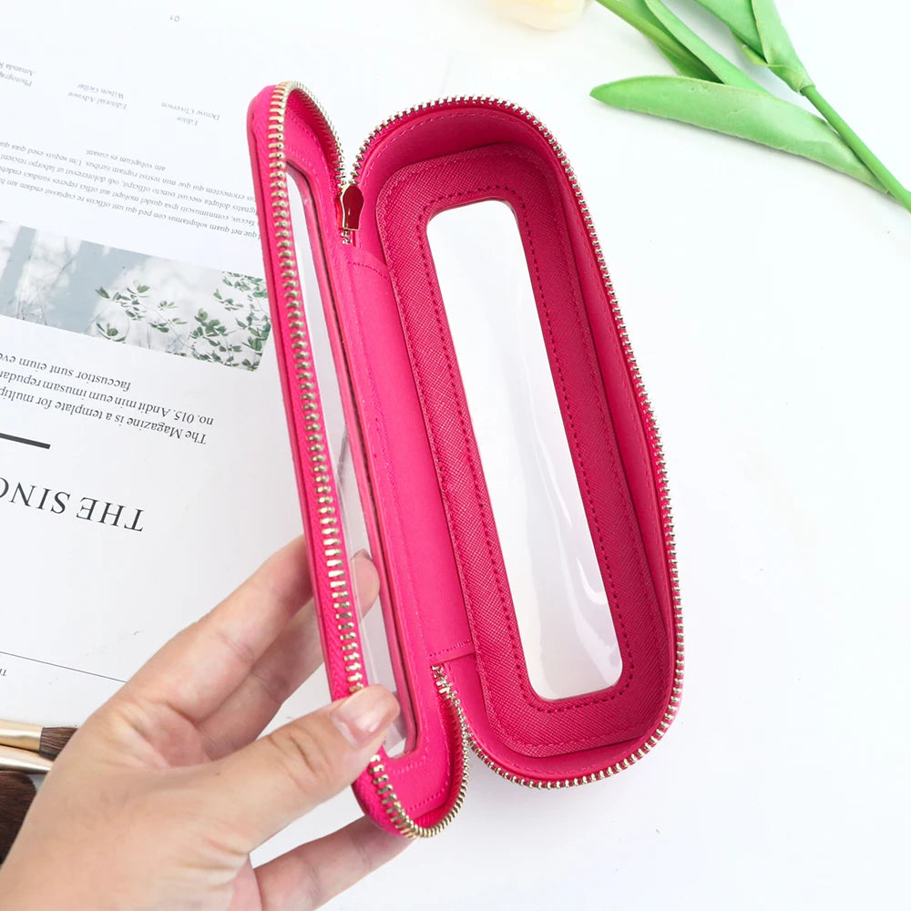 Customized Name PU Leather Women's Transparent Makeup Brush Box, PVC Makeup Bag Women's Toiletries Accessories