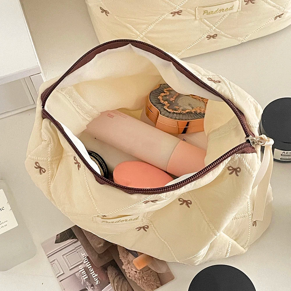Fashion Brown Bow Cake Women Makeup Zipper Bag Large Capacity Tote Organizer Toiletry Cosmetic Pouch Ladies Make Up Handbag