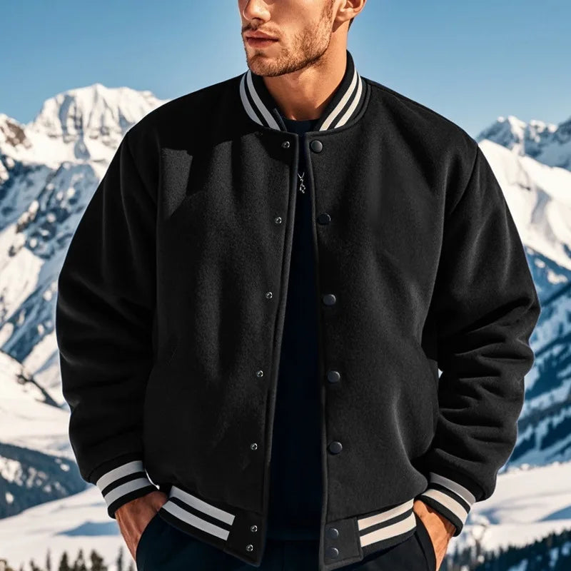 Men's baseball jacket autumn and winter fleece American solid color loose casual stand-up collar single-breasted flight jacket