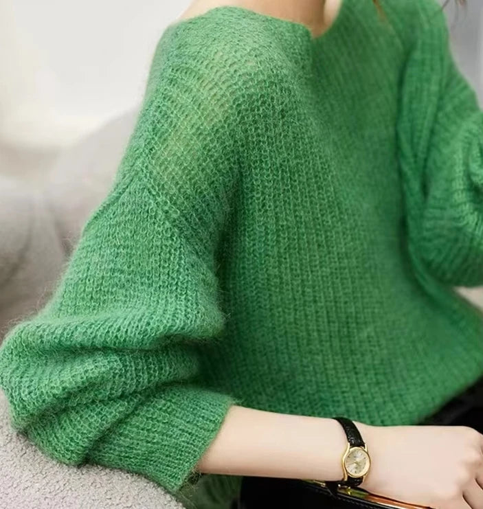 Elegant See-through Women Sweater Pullover Loose Jumper Autumn Winter Soft Warm Women Knitwear Sweater Basic Solid Cashmere Tops