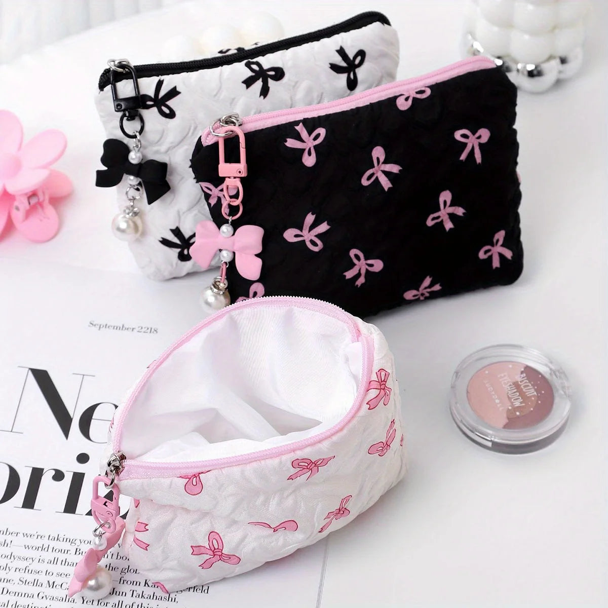 Embroidered Bow Makeup Bag, High Appearance Level, Coin Purse Storage Bag, Cute, Large Capacity, High-End Makeup Bag