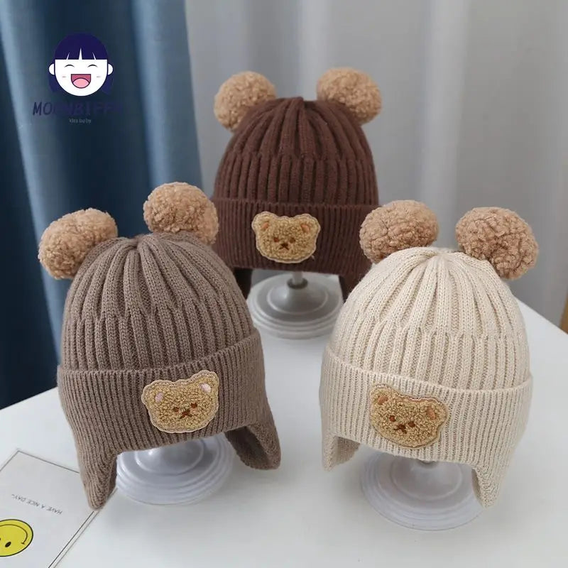 Gorro de invierno para bebé, gorro tejido con protección para la oreja de oso de dibujos animados para niños pequeños, gorros de ganchillo cálidos coreanos para niños y niñas