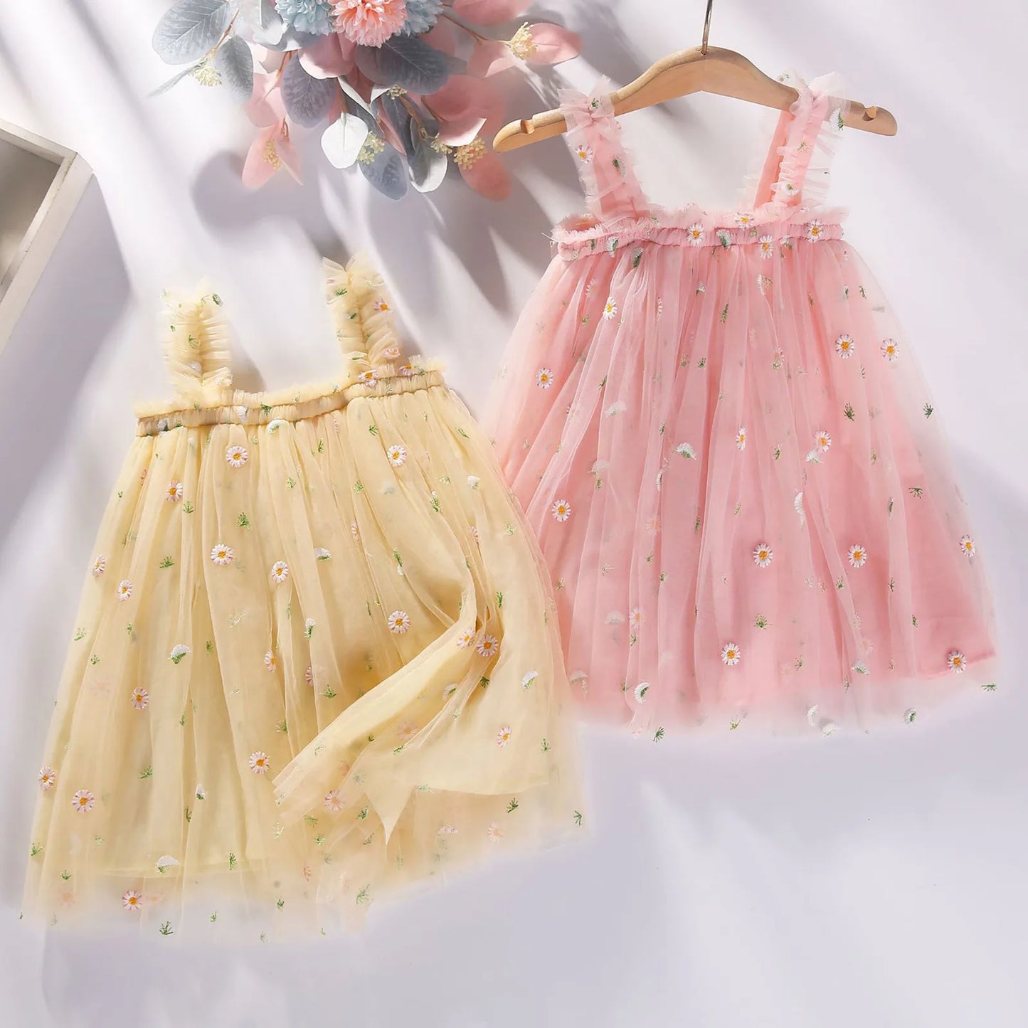 Vestido de fiesta para niñas de 1 a 6 años, vestido de tutú Floral sin mangas con margaritas, vestido de tul en capas, vestidos de cumpleaños de princesa 2024