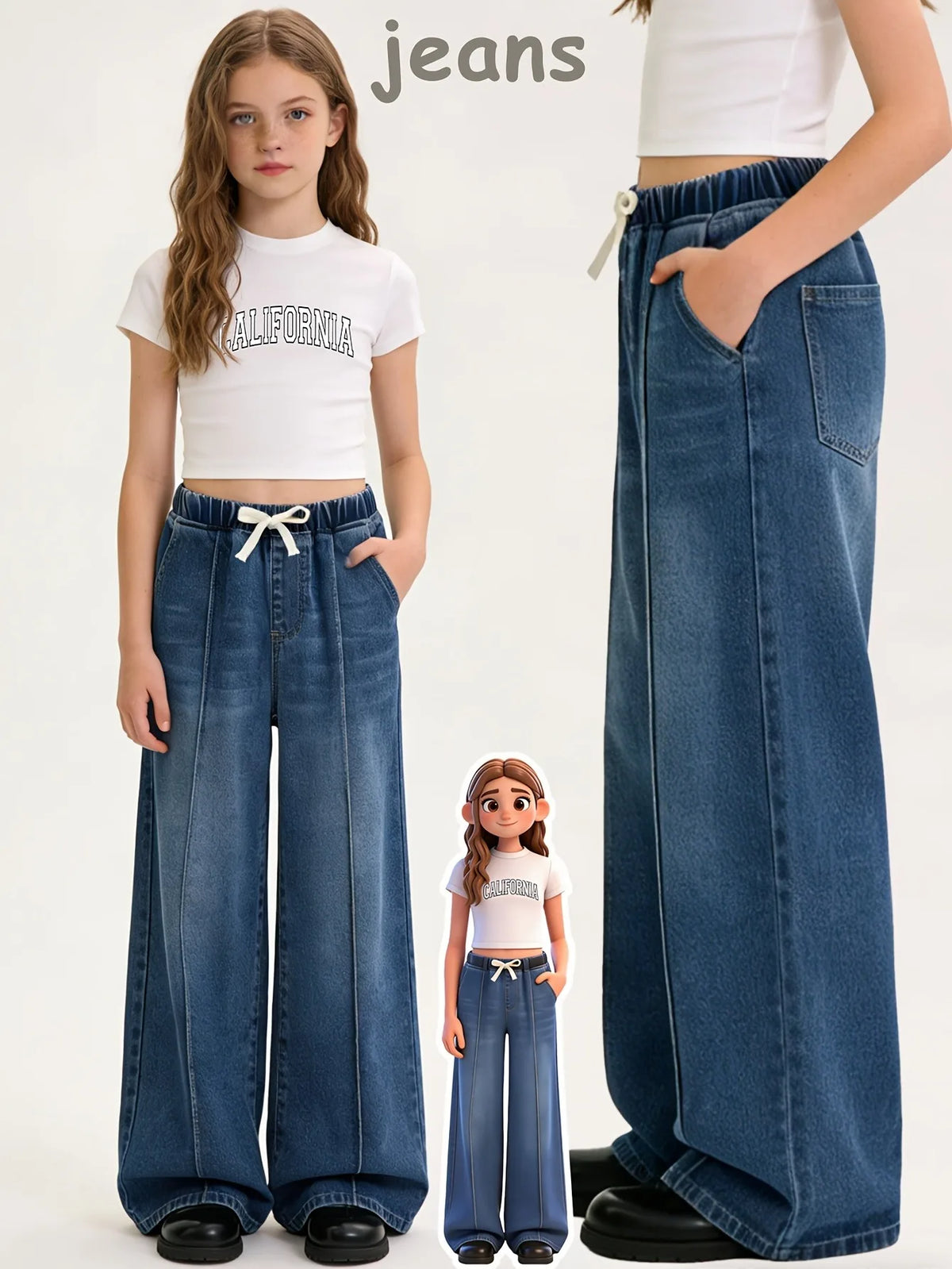 Y2K Little Girls Baggy Wide Leg Denim Pants Elastic Drawstring Waist Loose Straight Jeans For Street Fashion School Daily Outfit