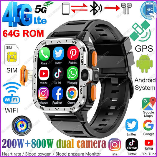 PGD SmartWatch 4G LTE GPS Wifi SIM Card NFC Dual Camera Rugged 16/64G ROM Storage Google Play Heart Rate Android Smart Watch Men