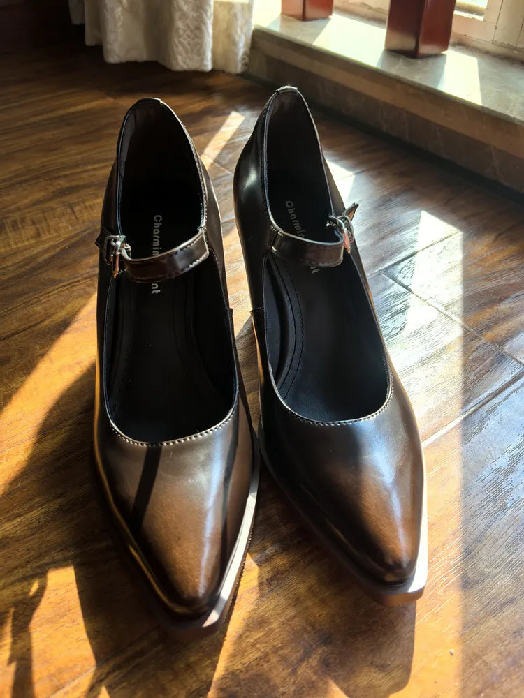 MKKHOU Fashion Pumps New High Quality Genuine Leather Pointed High Heels Mary Jane Shoes Women's Heels Leather Shoes Women Shoes