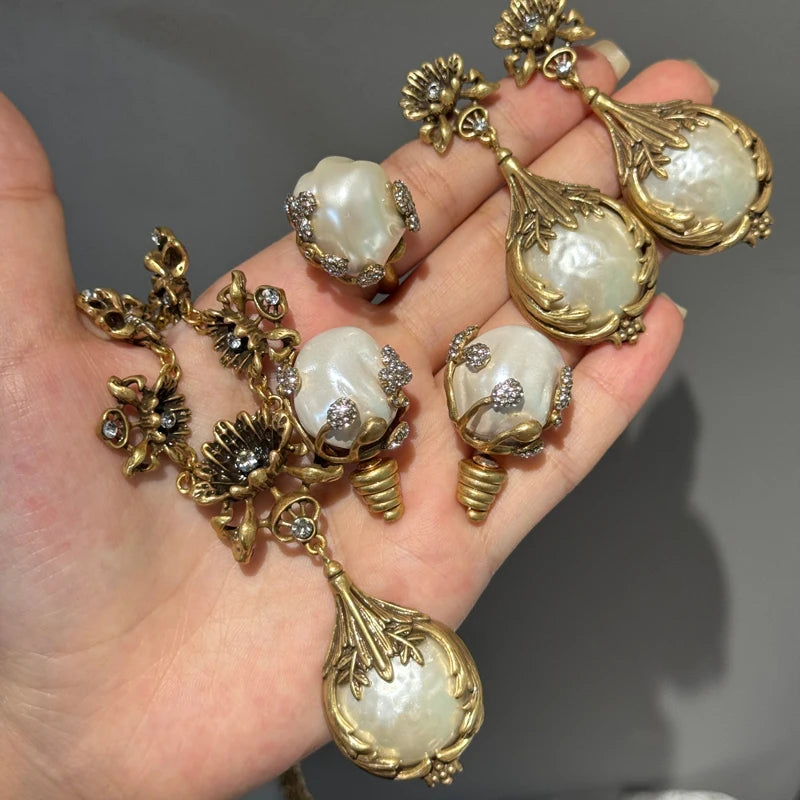 Baroque Style Freshwater Pearls Necklace Jewelry Sets For Women Gold Color Wedding Ring Set Bridal Nightwear Pendant 2025 Trend