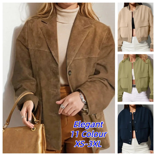 2026 Winter Women Elegant Jacket with Lapel Casual Single Breasted Pocket Long Sleeve Short Coat Street Overcoat Vintage Top