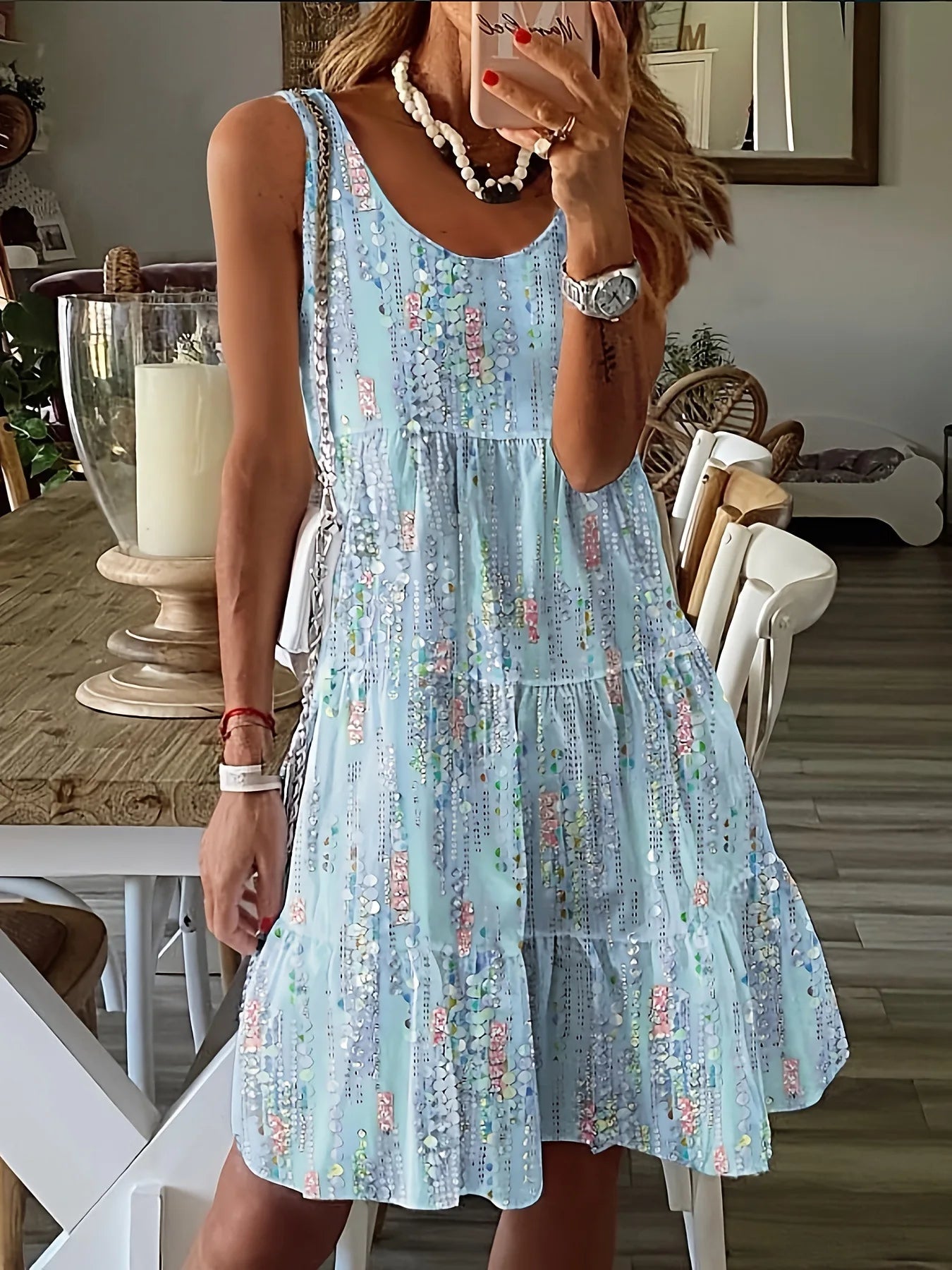 Spring and summer new casual fashion floral print loose round neck sleeveless mid-length dress