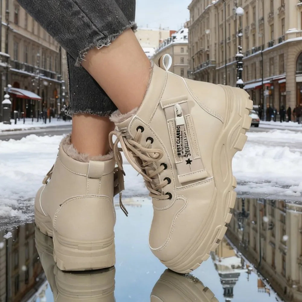 Women's Winter Snow Boots Warm Plush Lined Lace Up Chunky Platform Sneaker Booties Side Zipper Outdoor Walking Shoes for Ladies