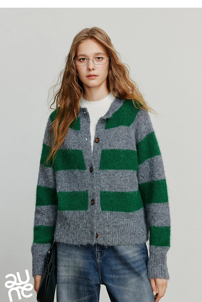 TOYOUTH Women Sweater 2025 Autumn New Color Contrasting Lulu Style Striped Cardigan Tops