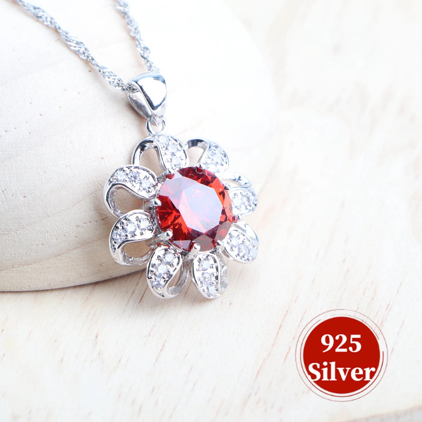 Round Red Zircon Wedding 925 Silver Jewelry Sets Bridal Jewelry Stones Earrings Rings Bracelets Pendant Necklace Set For Women
