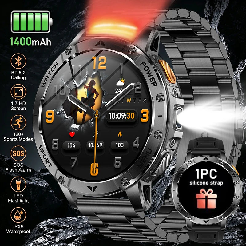 Smart Watch 1400mAh Battery 1.7'' IPS Screen 120+ Sports SOS Strobe Alarm IPX8 Waterproof LED Light BT Call Men Women Xmas Gift