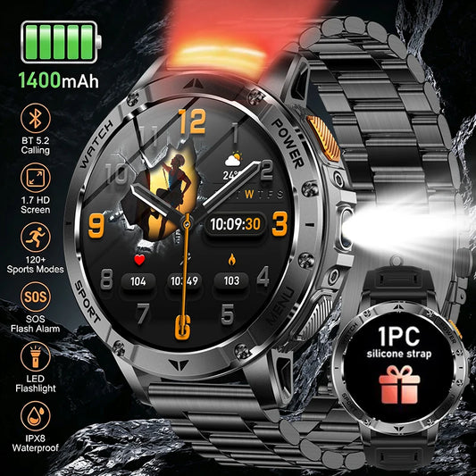 Smart Watch 1400mAh Battery 1.7'' IPS Screen 120+ Sports SOS Strobe Alarm IPX8 Waterproof LED Light BT Call Men Women Xmas Gift