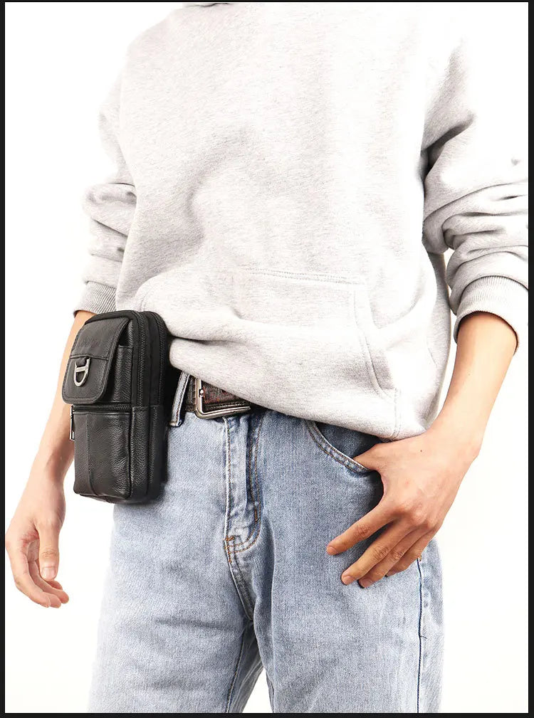 Men's Leather Waist Bag - Large Capacity Mobile Phone Belt Bag - Outdoor Work Backpack, Sports Hiking Bag Portable Crossbody Bag