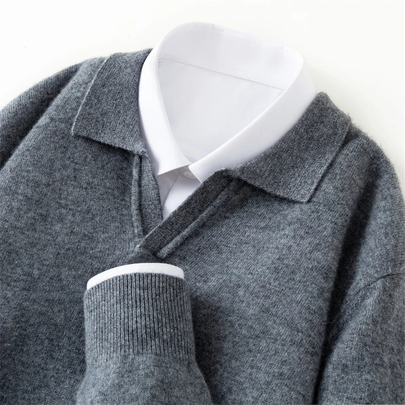 Autumn/Winter Men's 100% Pure Cashmere Pullover Business Casual Solid Knitted Sweater Loose Collar Tops Thick Warm Base Jumper