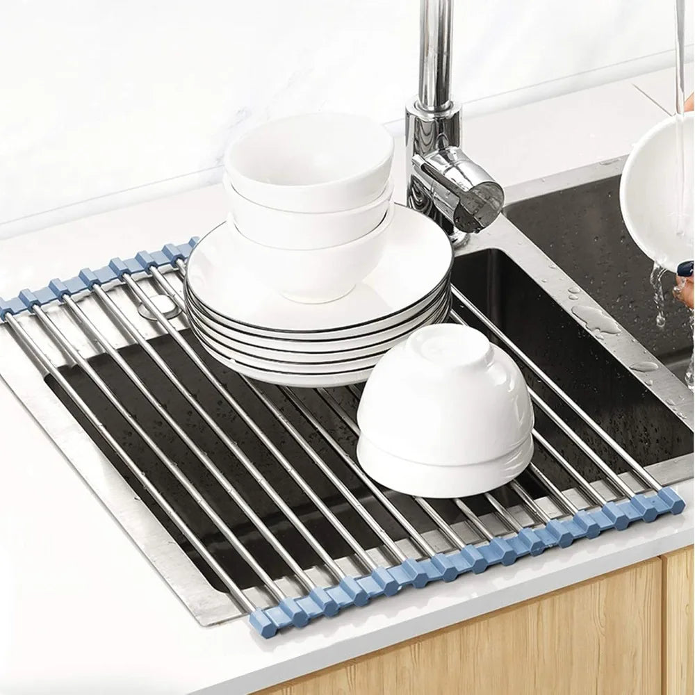 Garden Furniture-Over The Sink Dish Drying Rack, Roll Up Dish Drying Rack Kitchen Dish Rack Stainless Steel Sink Drying Rack,