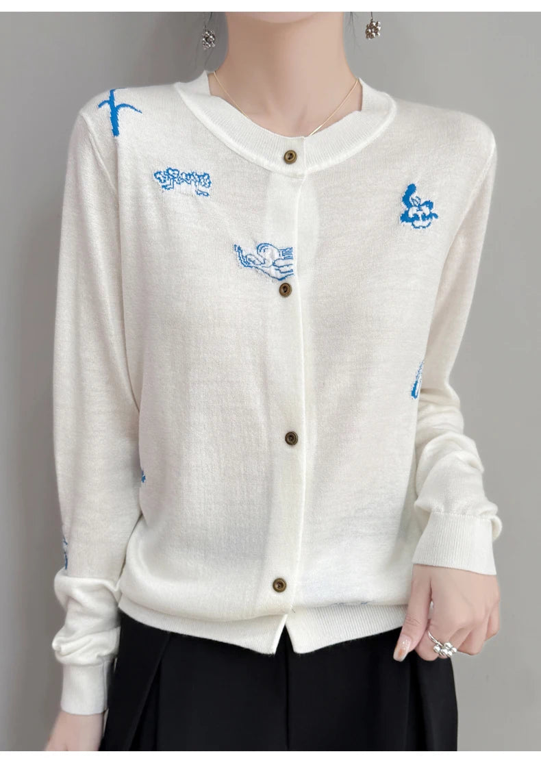 2025 New Merino Worsted Wool Women Sweater Spring Female Knitted Cardigan Long Sleeve Solid Clothing Tops Embroidery Outerwear