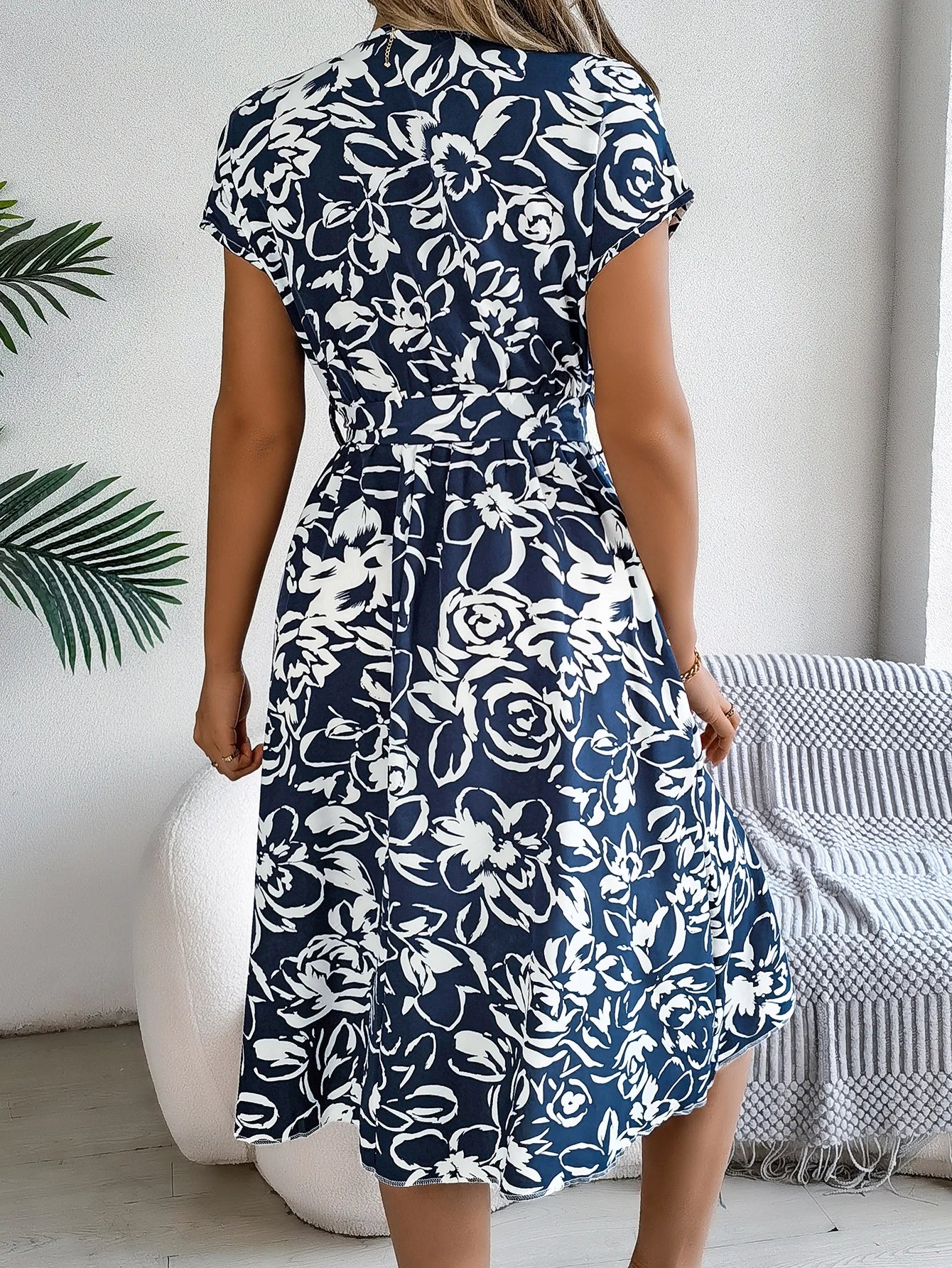 Spring Summer Casual Woman Dresses 2026 Fashion Buttons V Neck Flower Print Short Sleeve A Line Dress with Belt