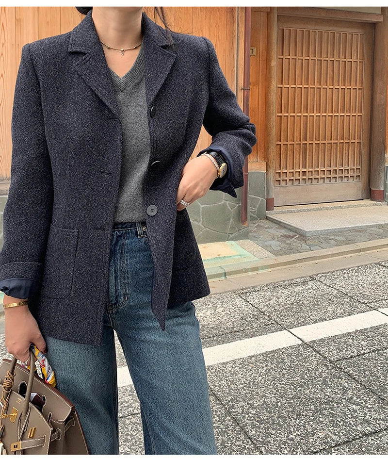 50 Wool Women Notched Collar Blazer Jacket Coat Fall Winter Thick Warm Overcoat Pocket Fashion Slim Waist Buttons Coat 2024 New