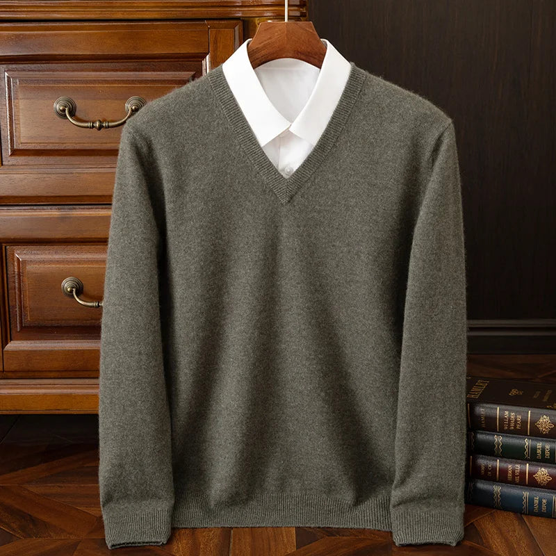 100% Cashmere Men's Pullover Casual Solid Color Knitted Sweater Loose Pull V-Neck Tops Basic Versatile Jumper