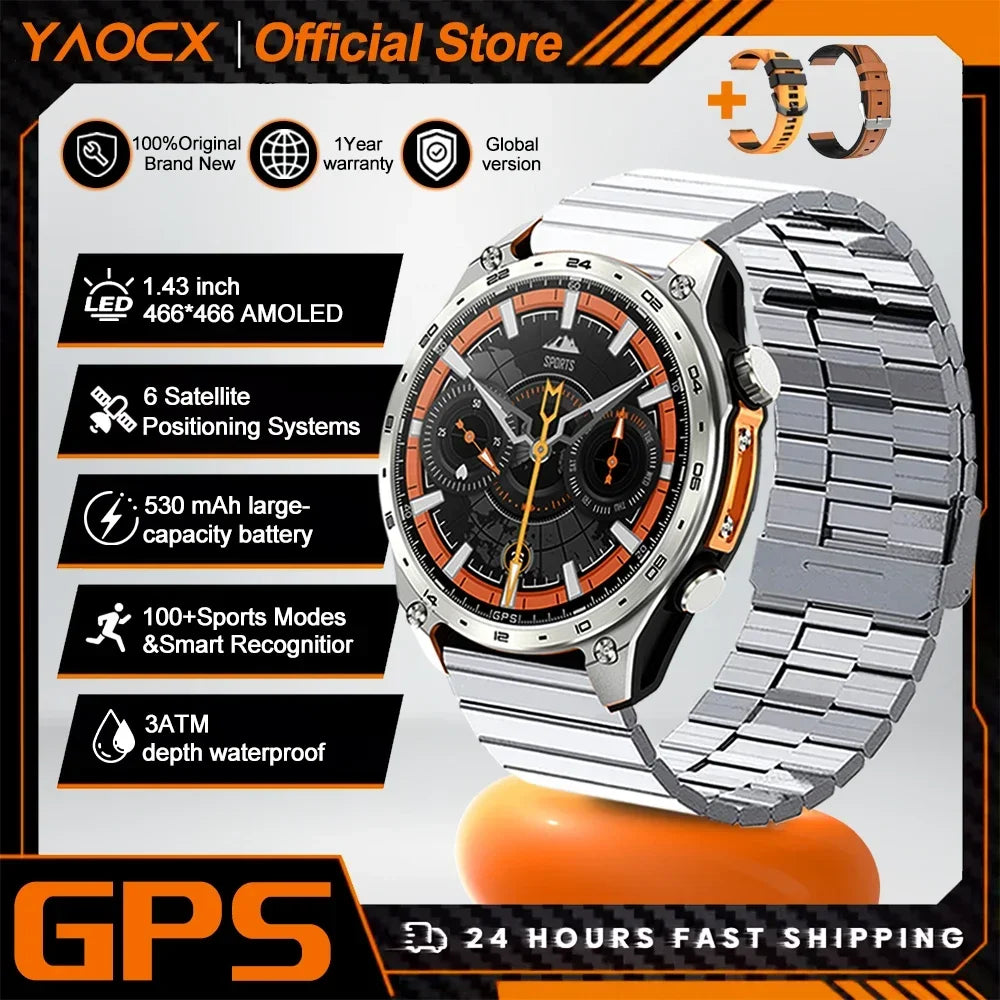 2026 New Smart Watch for Men with Built in GPS Maps 100+ Sport Modes 3ATM Waterproof BT Call MP3 MP4 Playback Altitude Compass