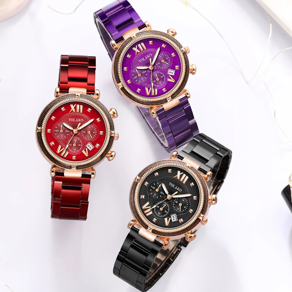 Fashion Women's Watch Set Luxury Black Watches Women Stainless Steel Auto Date Quartz Wristwatches Ladies Montre Femme Reloj