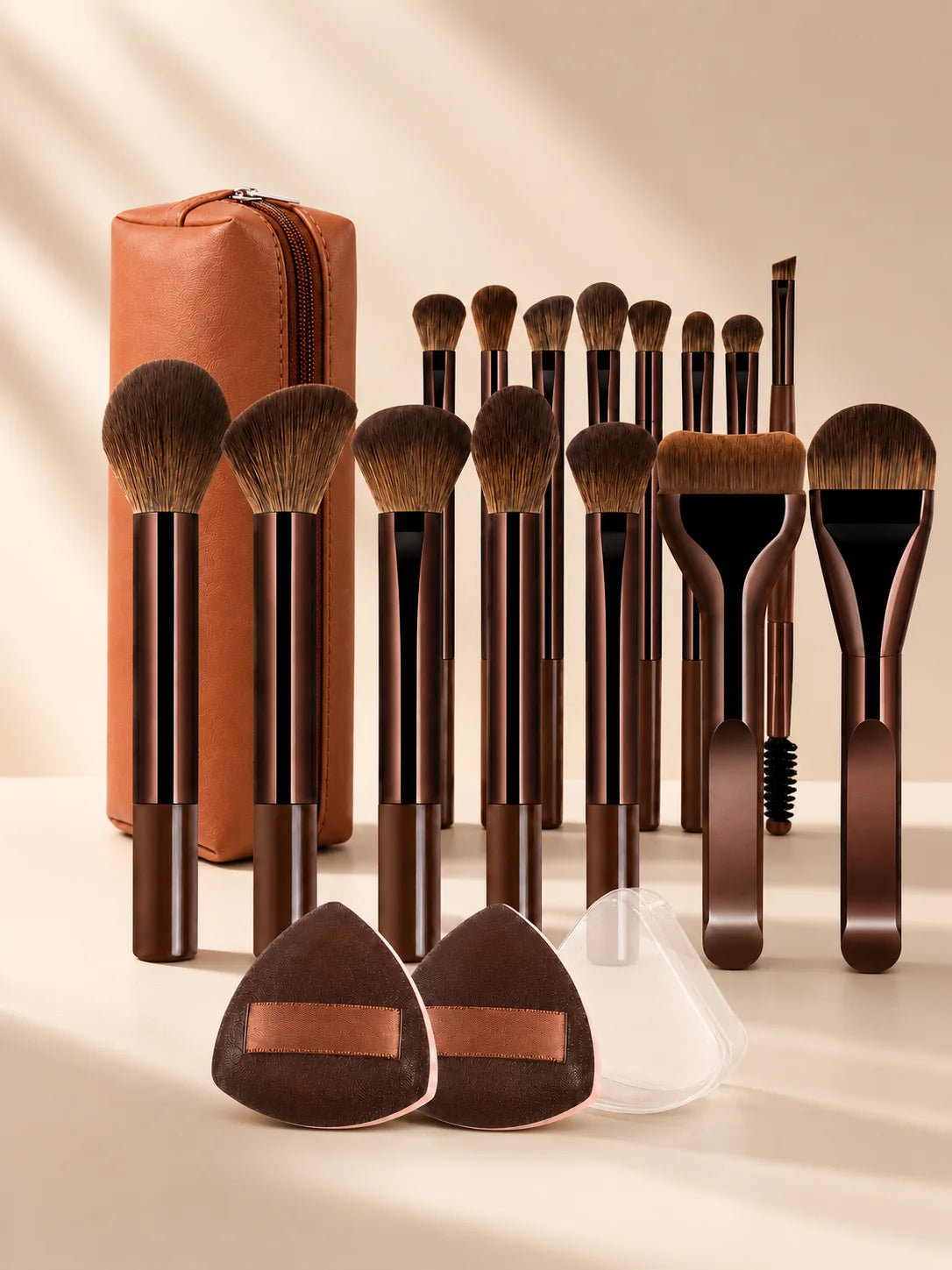 Makeup Brush Set - 18pcs High-Value Multi-Functional - Including 15 Makeup Brushes + 2 Powder Puffs + Makeup Bag - Travel-Friend
