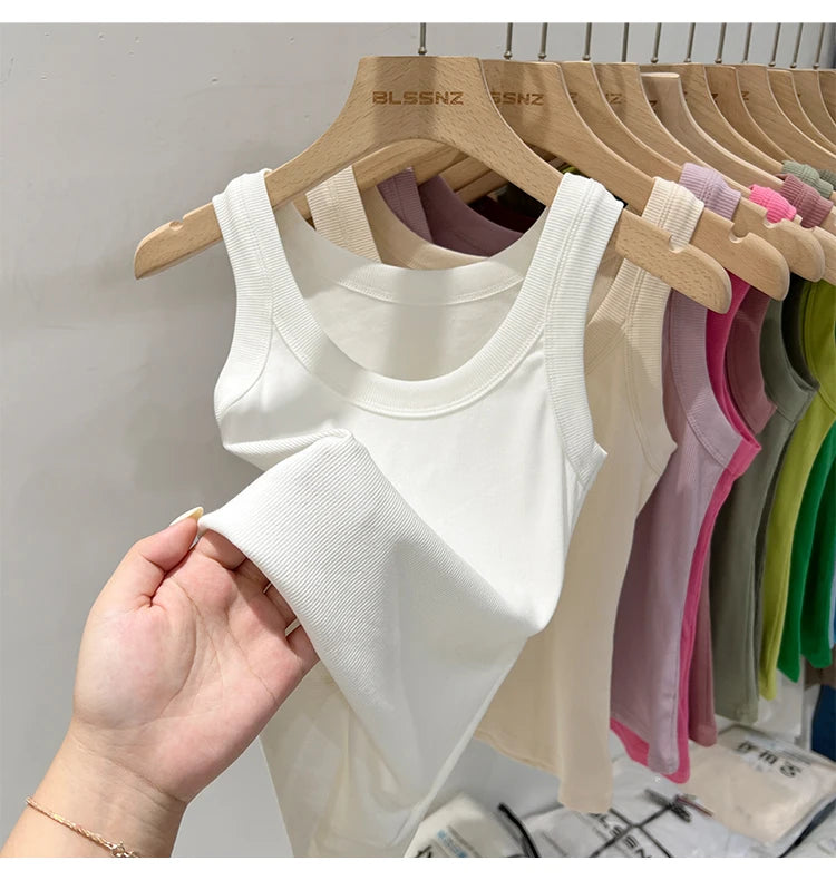 Women Solid Round Neck Ribbed Tank Top Camisole Women 2026 Summer Basic Elastic Tank Top O Neck Solid Tank Top