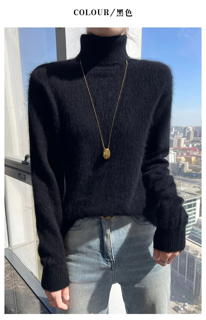 100% Mink Cashmere Top-Lapel Women Sweater Long-sleeves Fashion High-elasticity Sexy Winter Knitted Pullover Girl Tops 2024