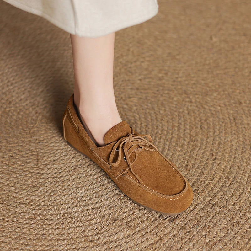 2026 New Spring Genuine Leather Women Shoes Round Toe Women Flats Shoes for Women Retro Lace Up Loafers Fashion Ladies Shoes