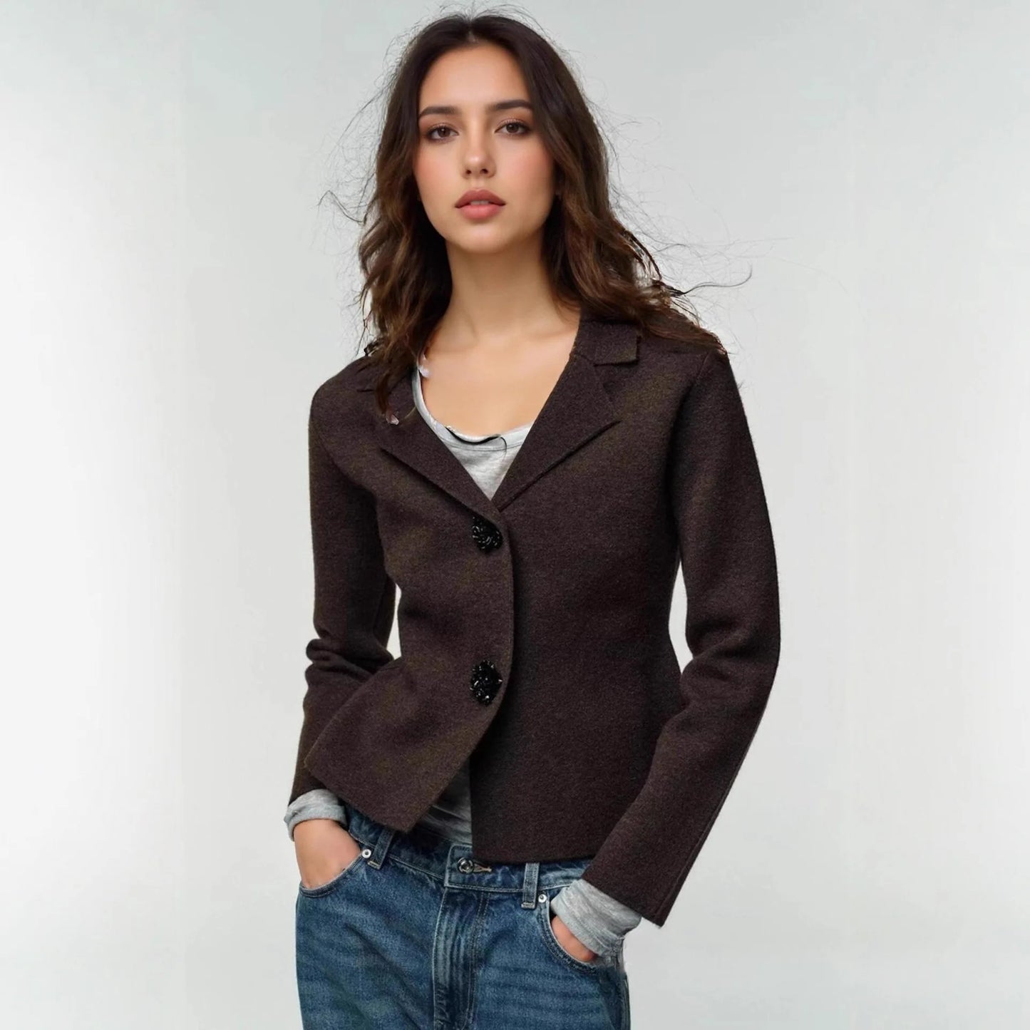 Women's Knitted Blazer Jacket Chic Elegant Jewelry Buttons Cardigan Coat For Women Autumn Winter Casual Long Sleeve Sweater Coat