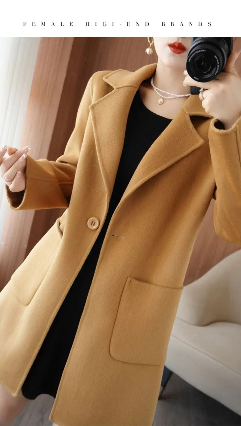 100% Pure Wool Double-Sided Cashmere Jacket Women Overcoat  Autumn Winter New Mid-Length One-Button Slim Wool Windbreakers coat