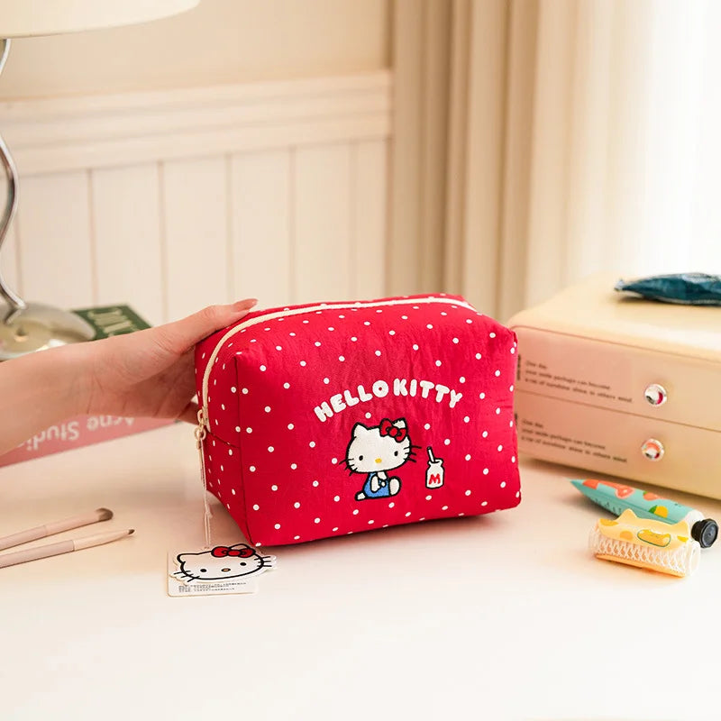 Strawberry Milk Cartoon Hello Kitty Soft Cotton Makeup Bag for Girls, Portable Skincare Organizer, Student Toiletry Bag, Cute Ca