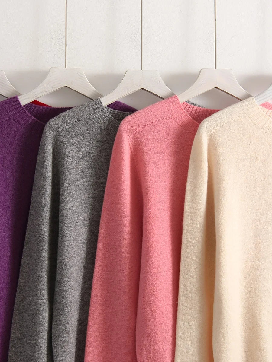 Women Cashmere Sweaters Burgundy O Neck Warm Knitted Brown Pullover Jumper Autumn Winter Wool Sweater Woman Purple Knit Top