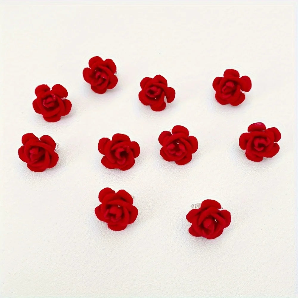 10 Pieces of Red Flower Hairpins Suitable for Girls