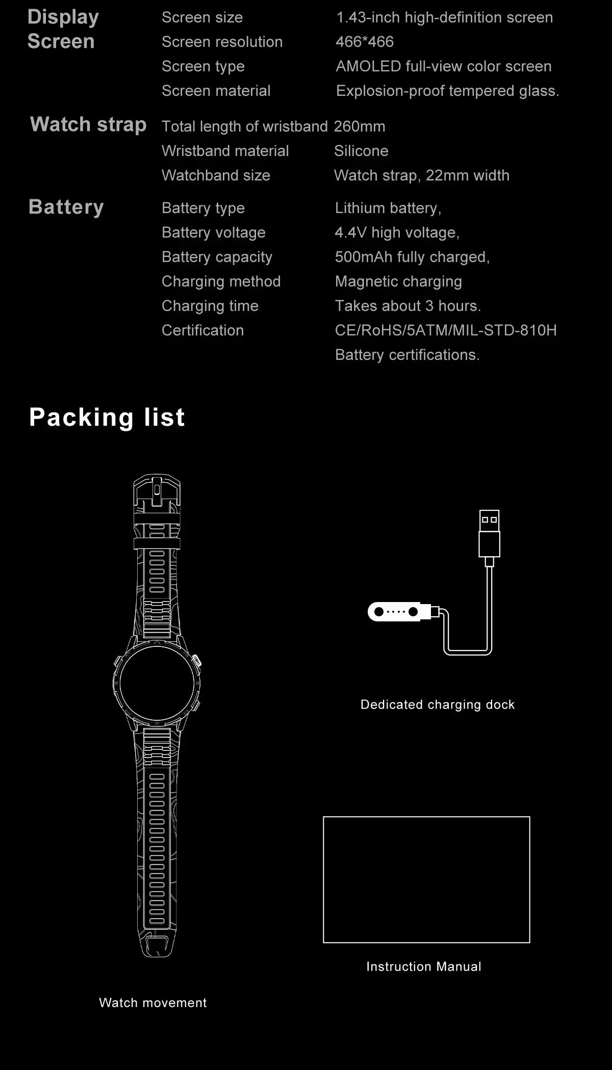 New Outdoor Smart Watch 1.43inch Screen 2GB Memory Map Navigation GPS Positioning 5ATM Waterproof LED Flashlight Smart Watch