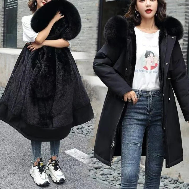Winter Women Clothes Wool Liner Jacket Casual Thick Parka Fur Collar Long Coat Warm Hooded Snow Wear Padded Solid Colour Jackets