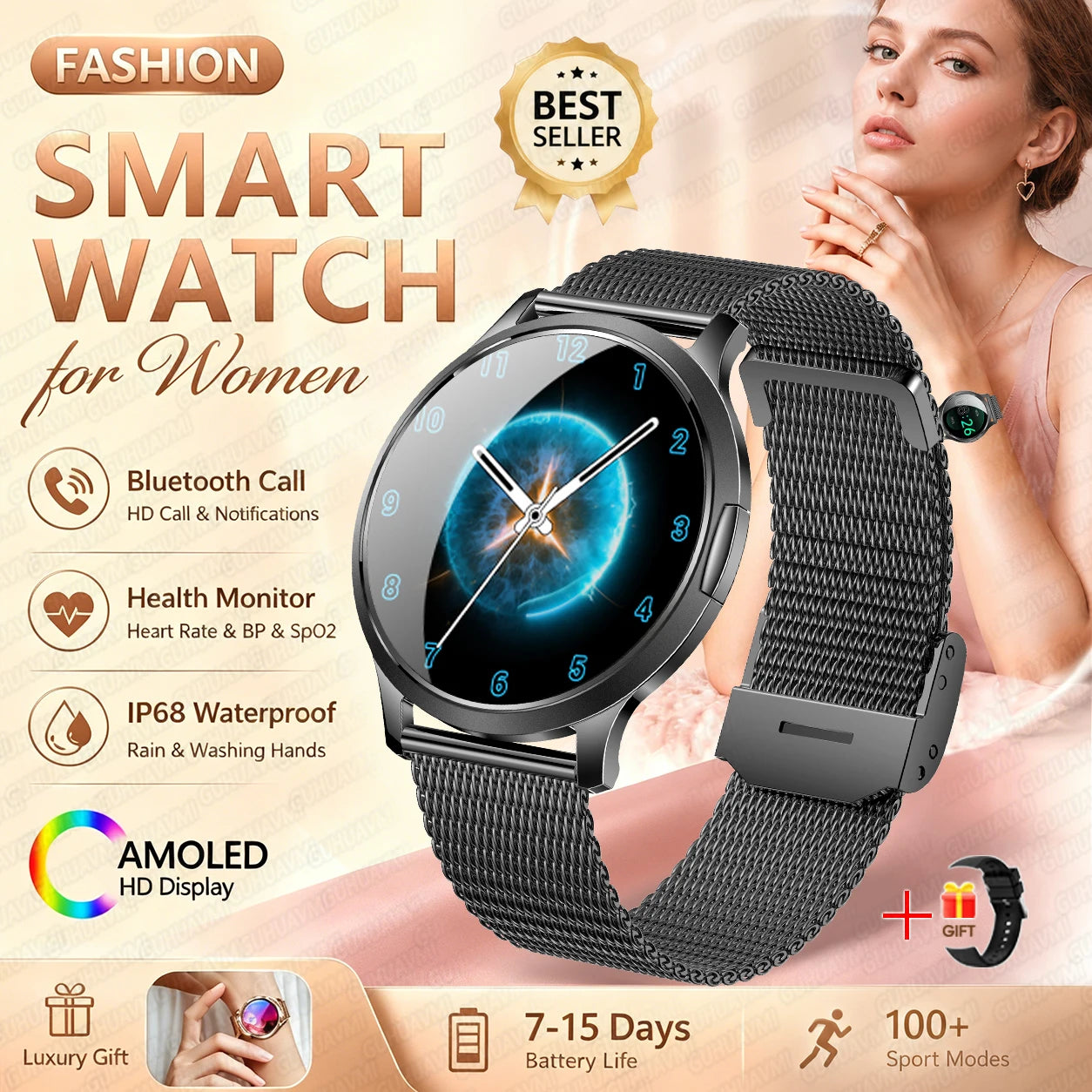 2026New Smart Watch 1.32”AMOLED Ultra-thin Display 100+Sports modes Blood Pressure Waterproof Bluetooth call Bracelet Women Gift