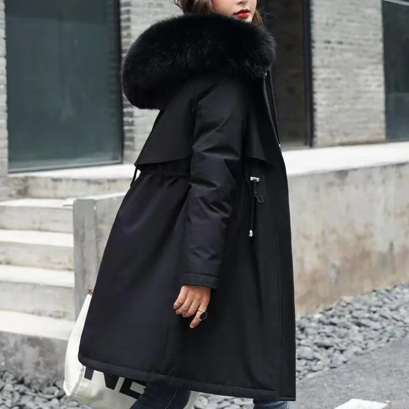 Winter Women Clothes Wool Liner Jacket Casual Thick Parka Fur Collar Long Coat Warm Hooded Snow Wear Padded Solid Colour Jackets
