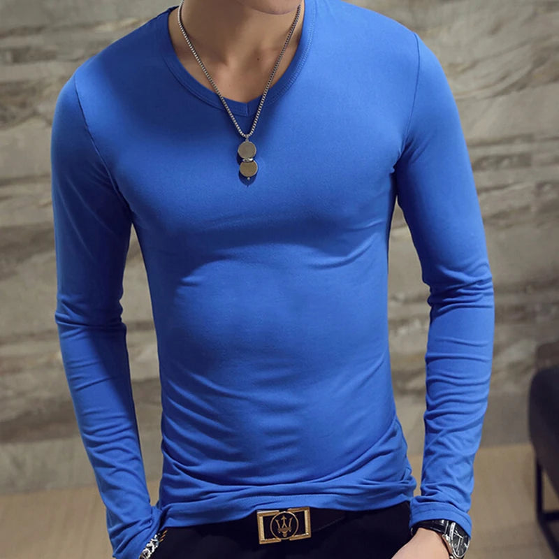 Elastic Mens T-Shirt O-Neck Round Neck Long Sleeve Men T-Shirt For Male Lycra And Cotton T-Shirts Man Clothing