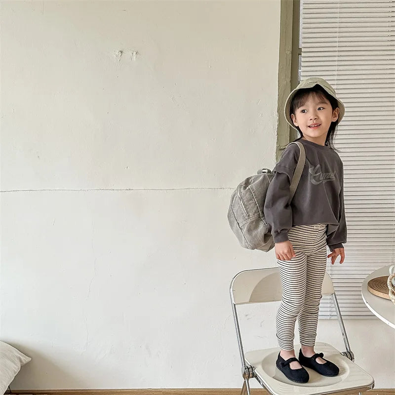 2023 New Spring Children Striped Leggings Cotton Boys Casual Pants Fashion Girls Leggings Kids Trousers Baby Clothes